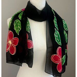 Croft & Barrow Scarf Chiffon Polyester Black Pink Floral w/ Gold Accents 26x68